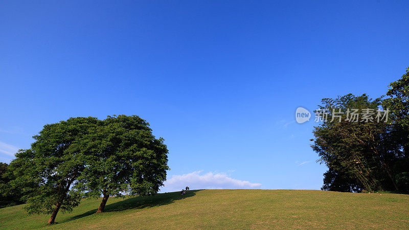 2022年10月两棵树和小游客在地上的山和蓝色的云天背景在Doi Samer Dow国家公园sri nan，观景点和地标性景点，泰国南省，